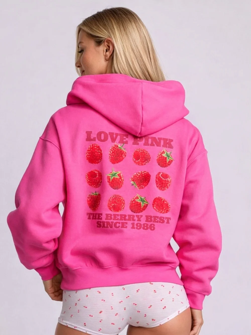 Victoria’s Secret PINK Strawberry Hoodie Berry Best Since 1986 NWT l Size L - Picture 1 of 5